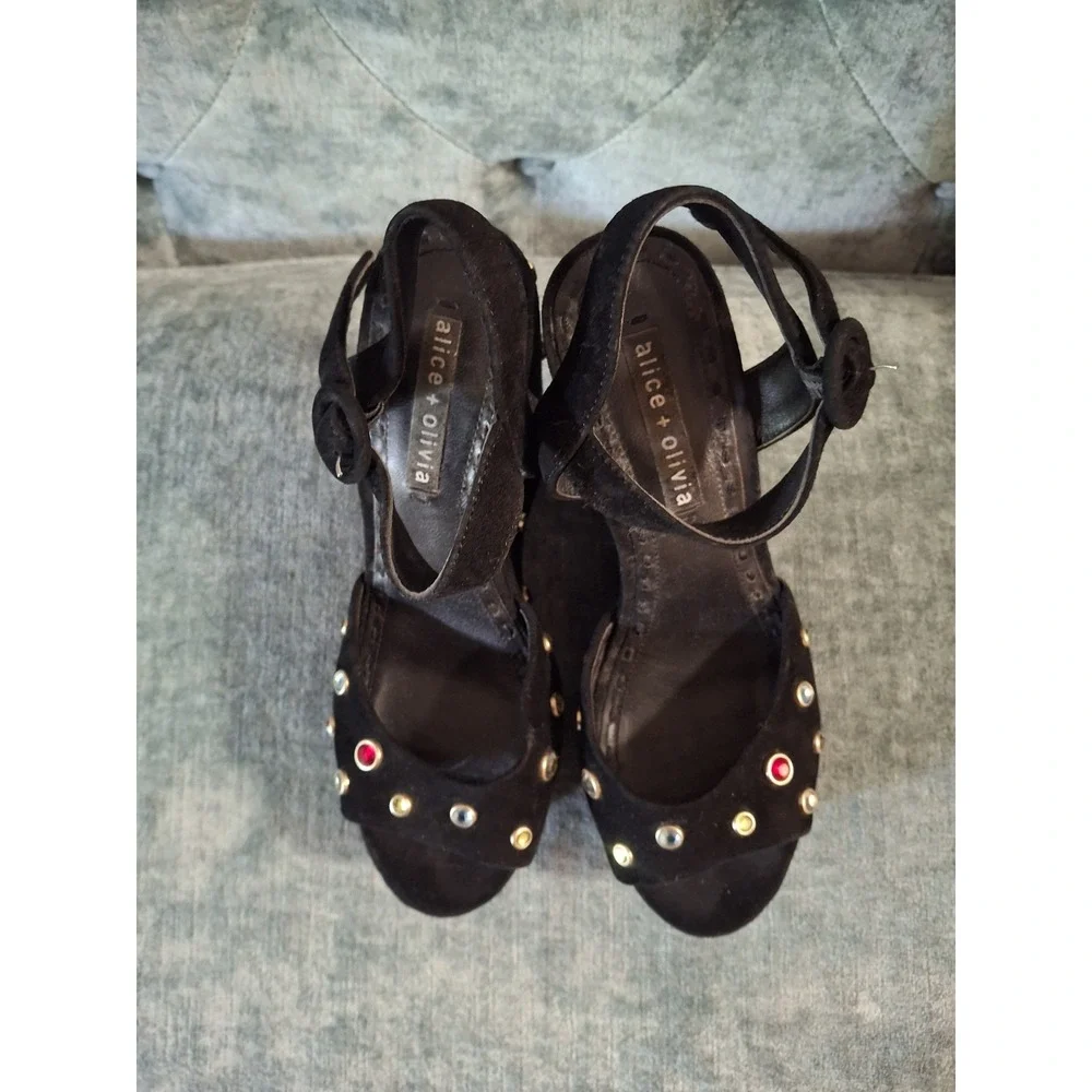 Alice + Olivia Black Suede Leather Platform Wedge Sandals Jewel Embellished 37.5